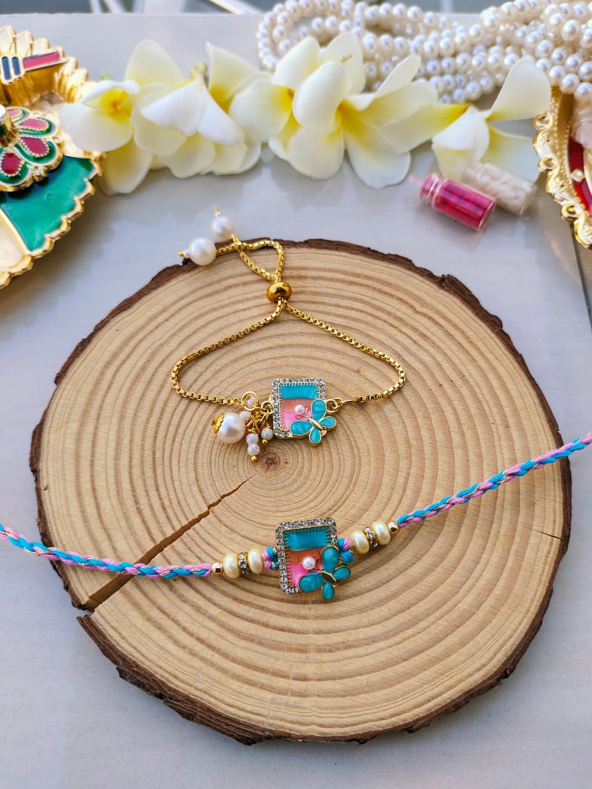 Pastel Butterfly Geometric Dial Bhaiya Bhabhi Combo Rakhi Set - Image 3