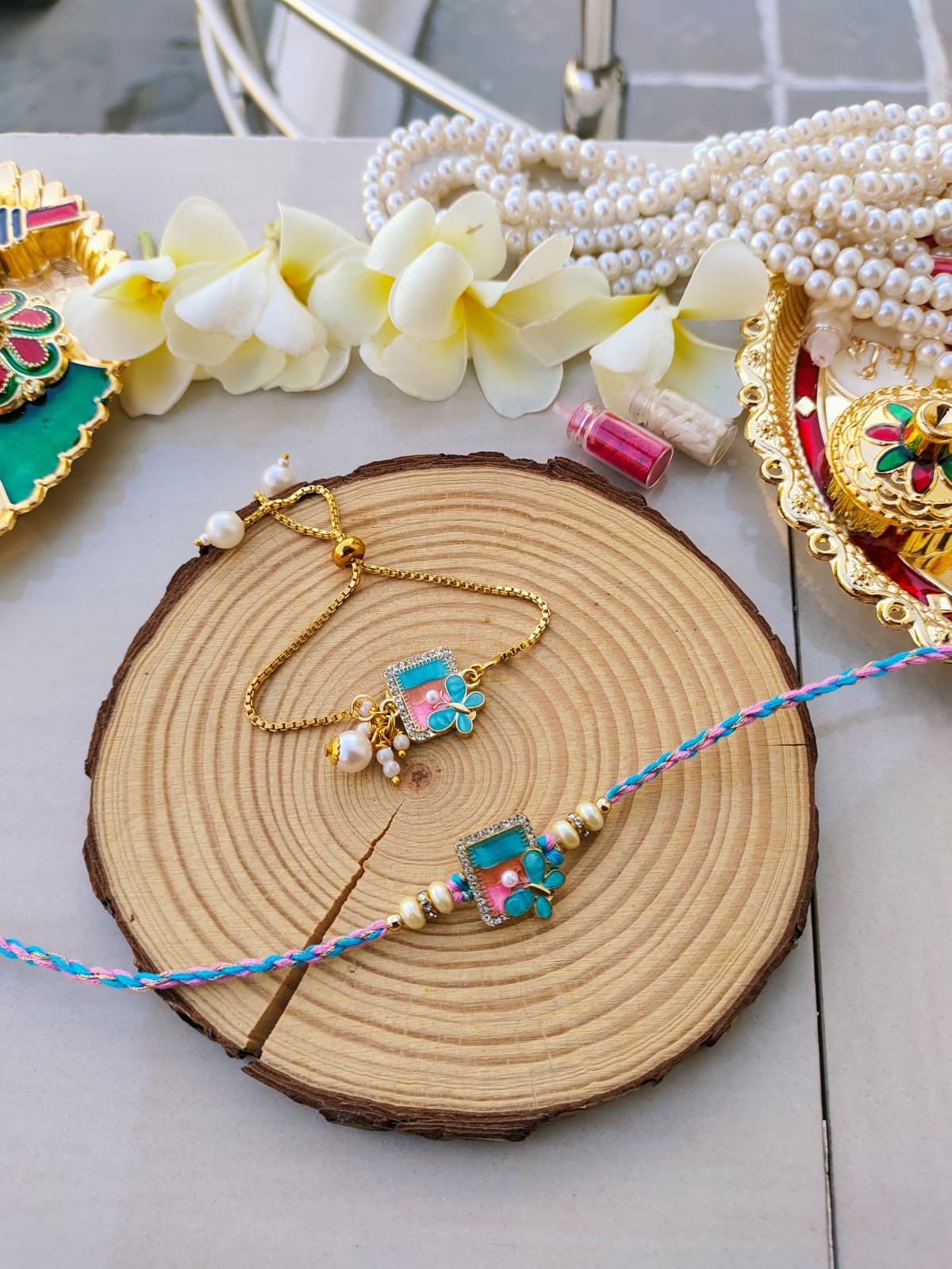 Pastel Butterfly Geometric Dial Bhaiya Bhabhi Combo Rakhi Set