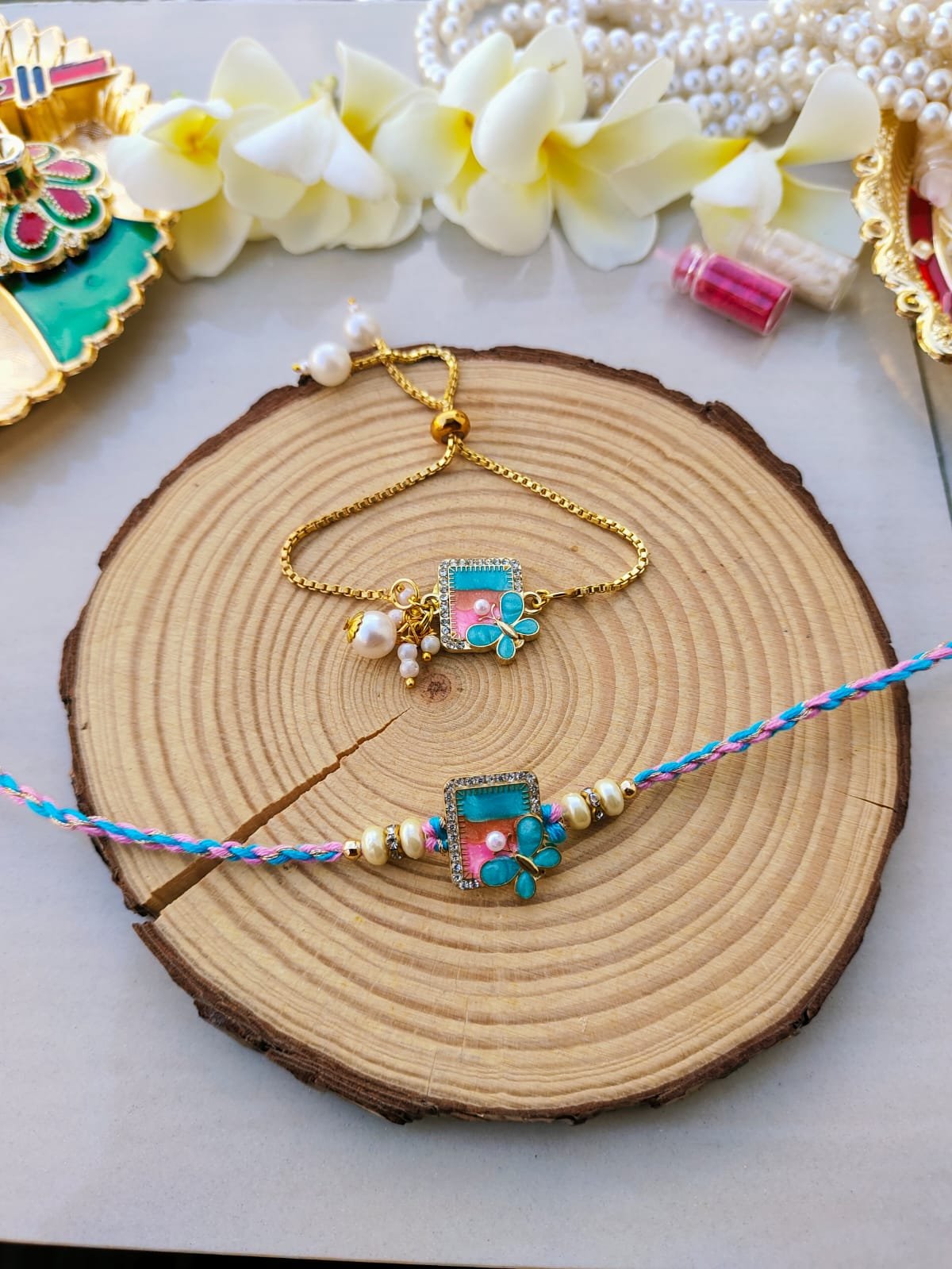 Pastel Butterfly Geometric Dial Bhaiya Bhabhi Combo Rakhi Set - Image 4