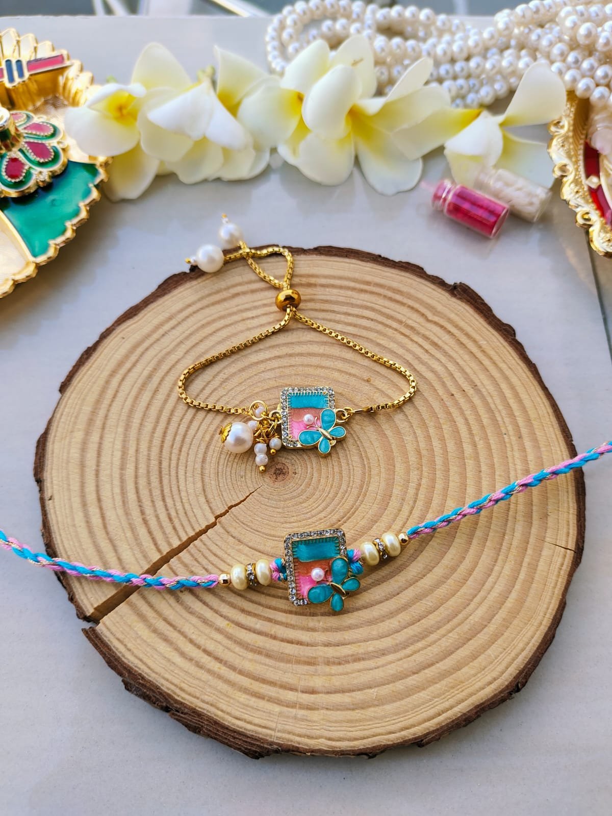 Pastel Butterfly Geometric Dial Bhaiya Bhabhi Combo Rakhi Set - Image 2