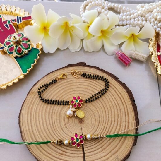Ruby Pink Floral Mangalsutra Style Bhaiya Bhabhi Combo Rakhi Set