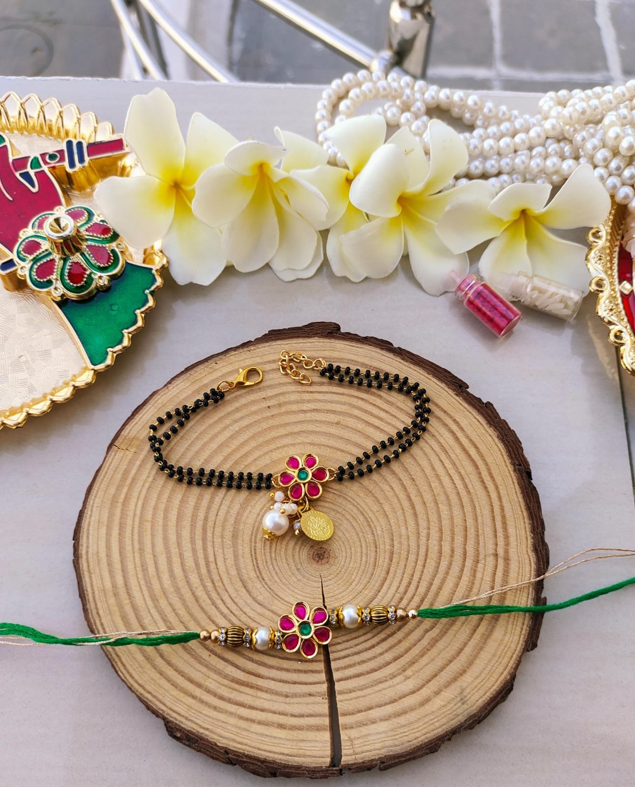 Ruby Pink Floral Mangalsutra Style Bhaiya Bhabhi Combo Rakhi Set