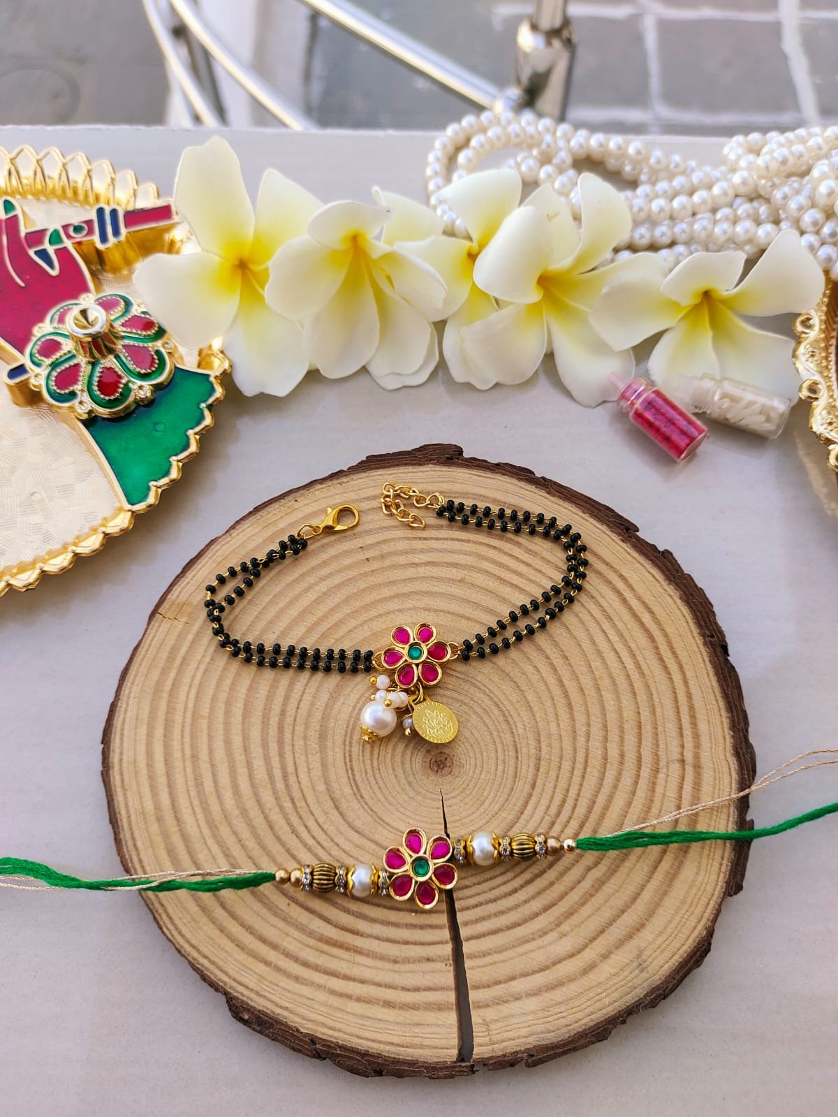 Ruby Pink Floral Mangalsutra Style Bhaiya Bhabhi Combo Rakhi Set - Image 2