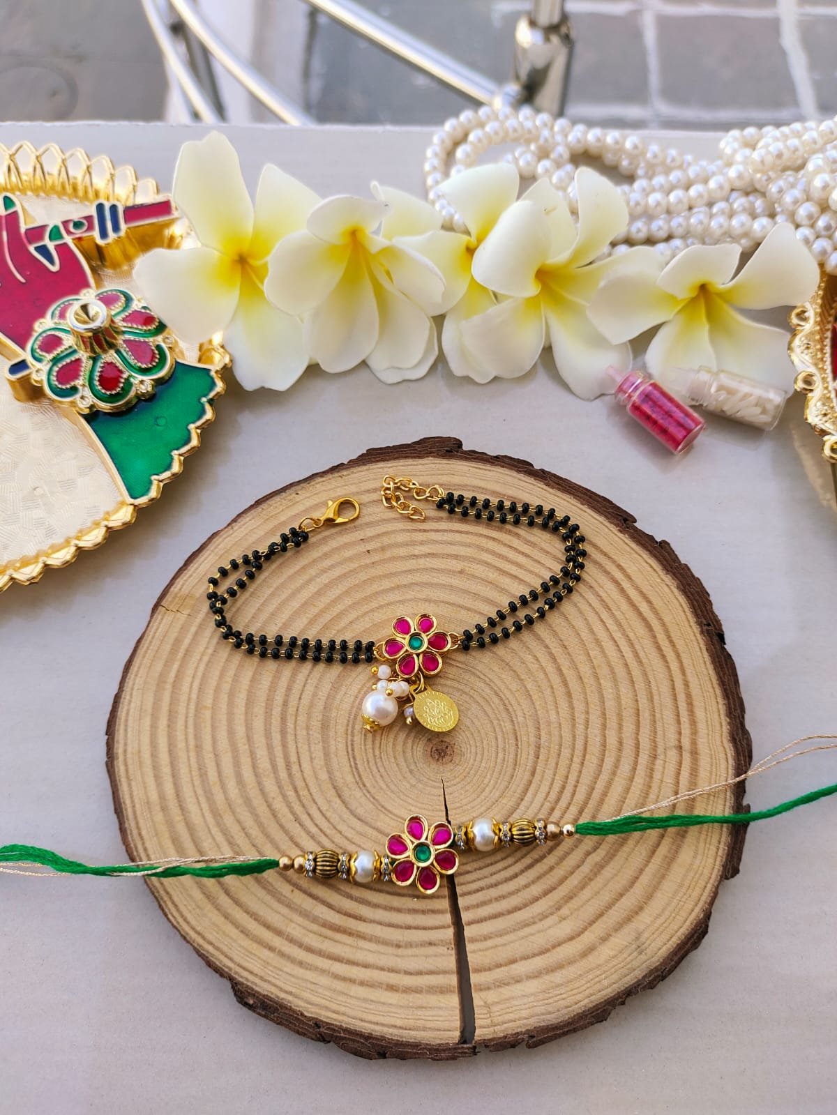 Ruby Pink Floral Mangalsutra Style Bhaiya Bhabhi Combo Rakhi Set - Image 4