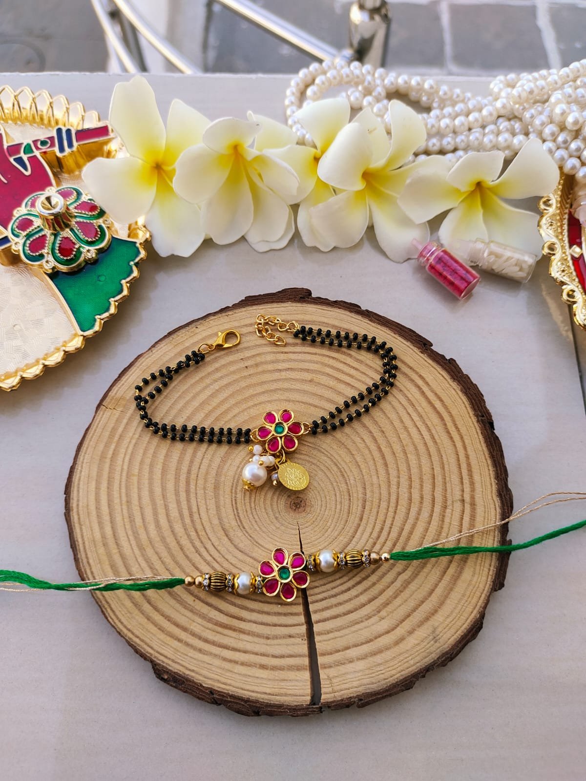 Ruby Pink Floral Mangalsutra Style Bhaiya Bhabhi Combo Rakhi Set - Image 3