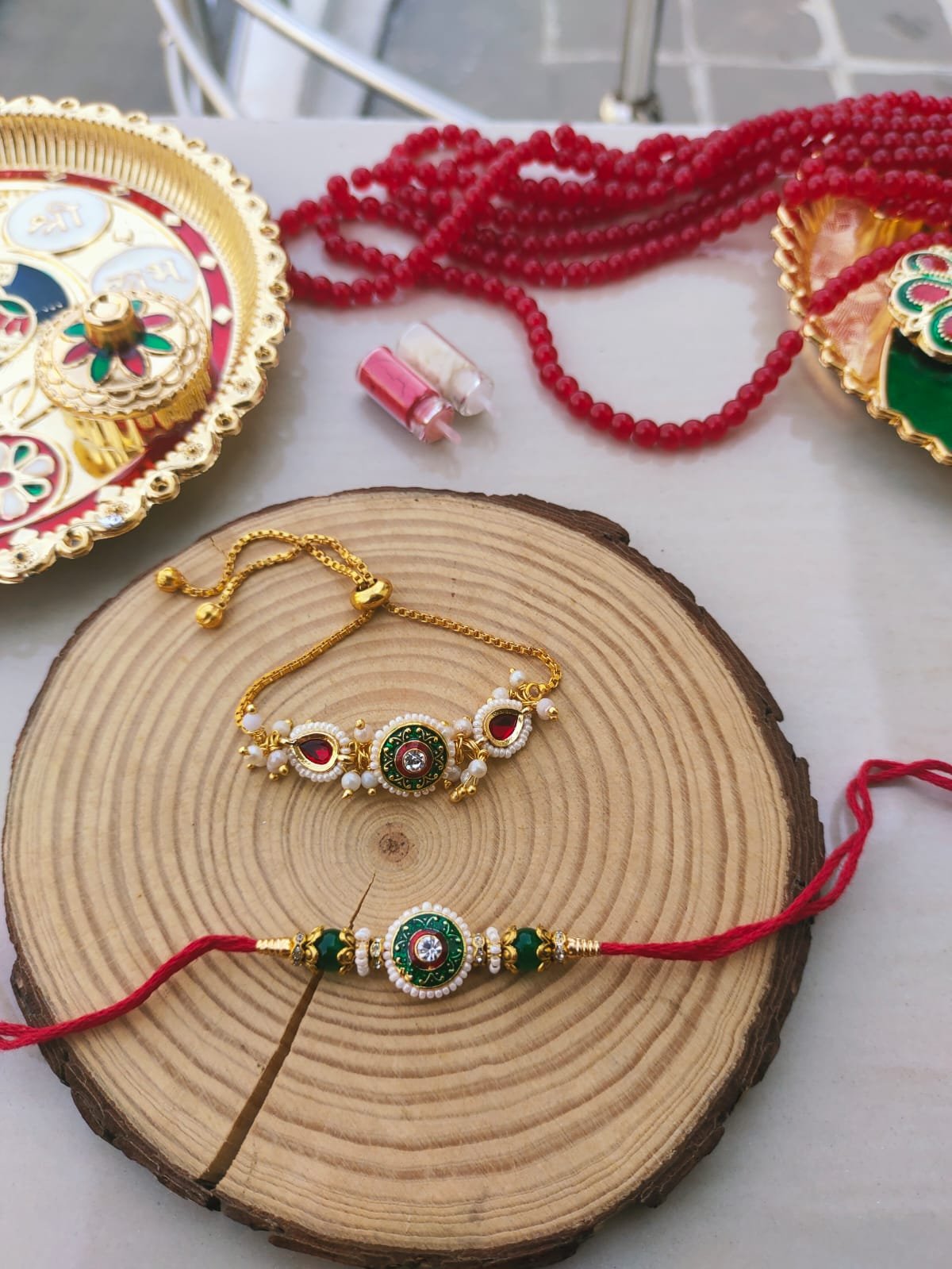 Royal Emerald Green Meenakari Round Dial Bhaiya Bhabhi Combo Rakhi Set - Image 2