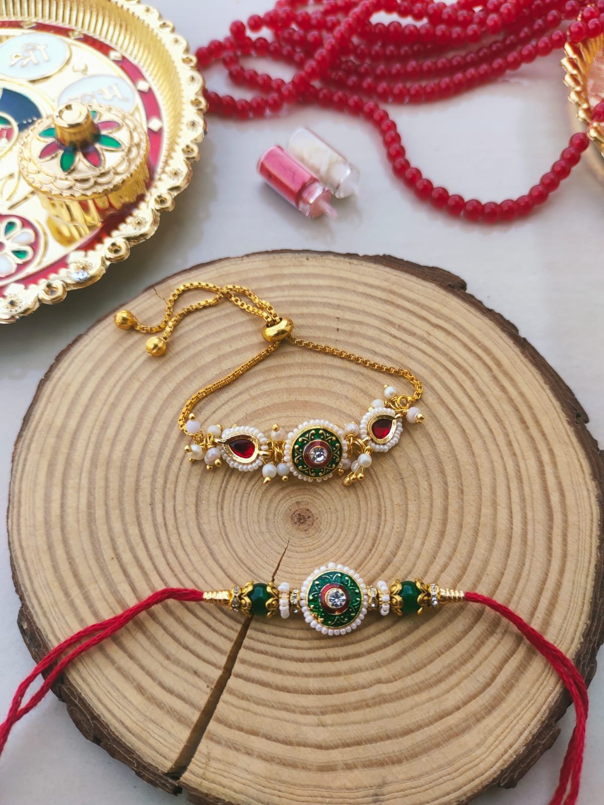 Royal Emerald Green Meenakari Round Dial Bhaiya Bhabhi Combo Rakhi Set - Image 3