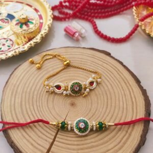 Royal Emerald Green Meenakari Round Dial Bhaiya Bhabhi Combo Rakhi Set