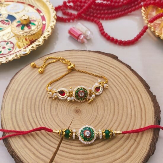 Royal Emerald Green Meenakari Round Dial Bhaiya Bhabhi Combo Rakhi Set
