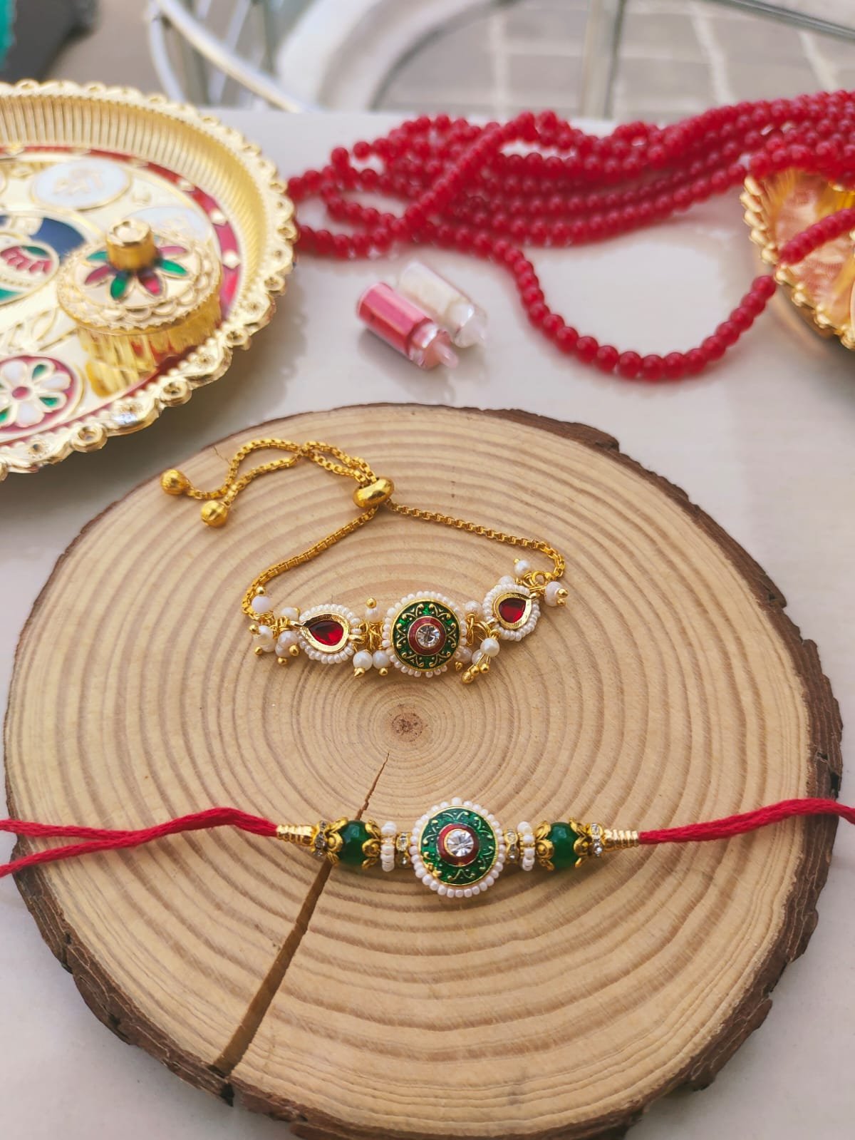 Royal Emerald Green Meenakari Round Dial Bhaiya Bhabhi Combo Rakhi Set