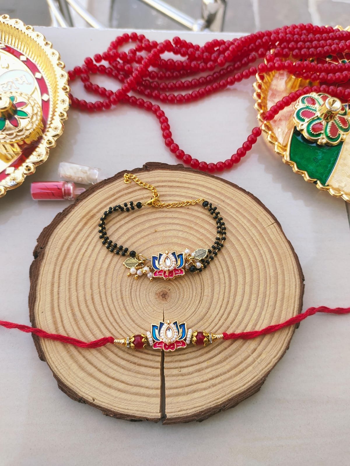 Tricolor Meenakari Lotus Mangalsutra Style Bhaiya Bhabhi Combo Rakhi Set - Image 2