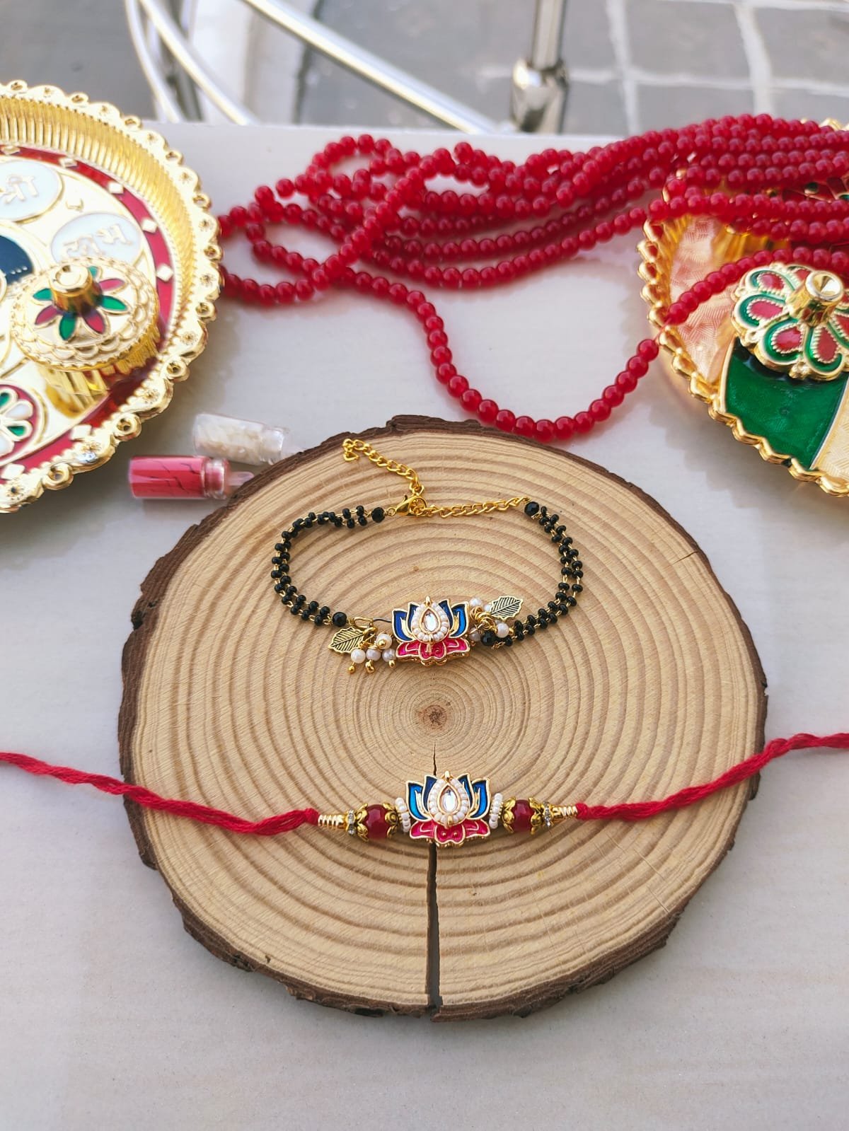 Tricolor Meenakari Lotus Mangalsutra Style Bhaiya Bhabhi Combo Rakhi Set - Image 3
