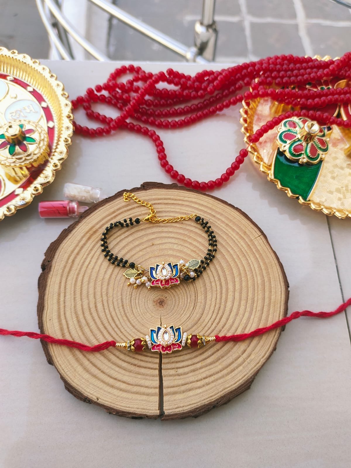 Tricolor Meenakari Lotus Mangalsutra Style Bhaiya Bhabhi Combo Rakhi Set