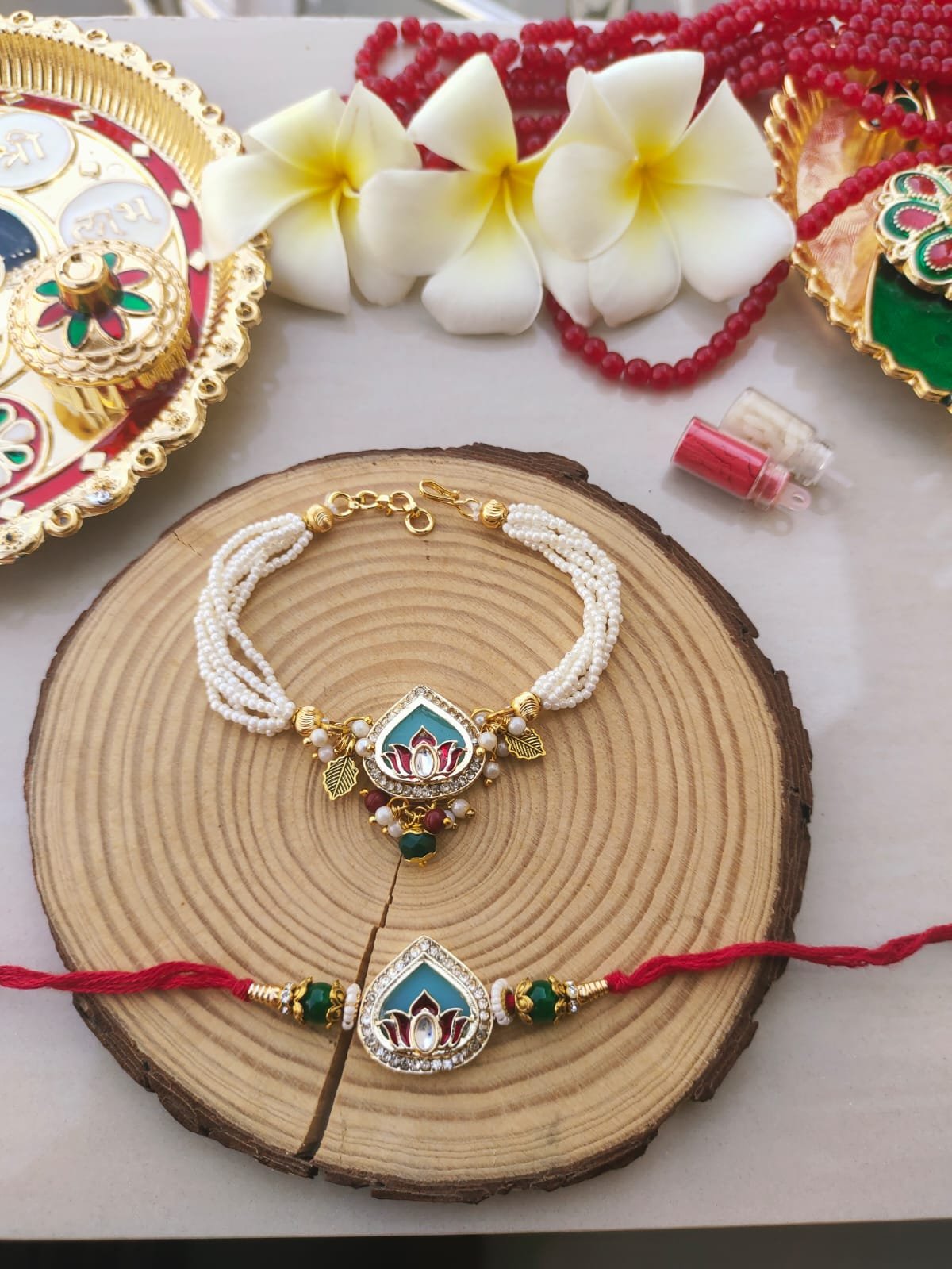 Royal Sky Blue Meenakari Lotus Multi-Strand Pearl Bhaiya Bhabhi Combo Rakhi Set - Image 5