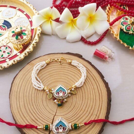 Royal Sky Blue Meenakari Lotus Multi-Strand Pearl Bhaiya Bhabhi Combo Rakhi Set