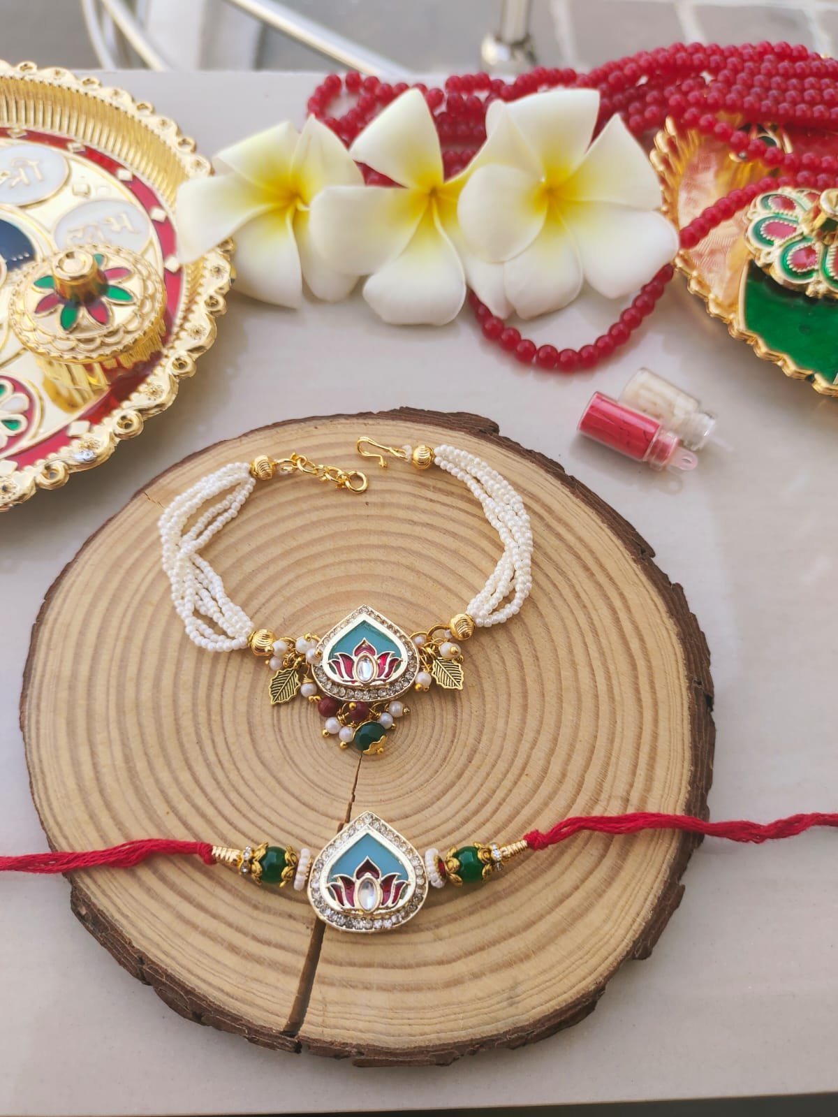 Royal Sky Blue Meenakari Lotus Multi-Strand Pearl Bhaiya Bhabhi Combo Rakhi Set - Image 4
