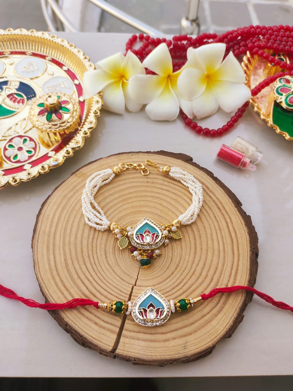 Royal Sky Blue Meenakari Lotus Multi-Strand Pearl Bhaiya Bhabhi Combo Rakhi Set - Image 2
