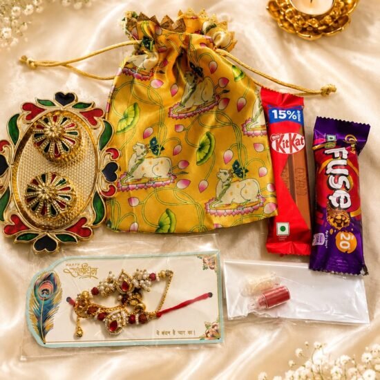 Elegant Bhaiya Bhabhi Rakhi Gift Hamper with Ornate Pooja Dish