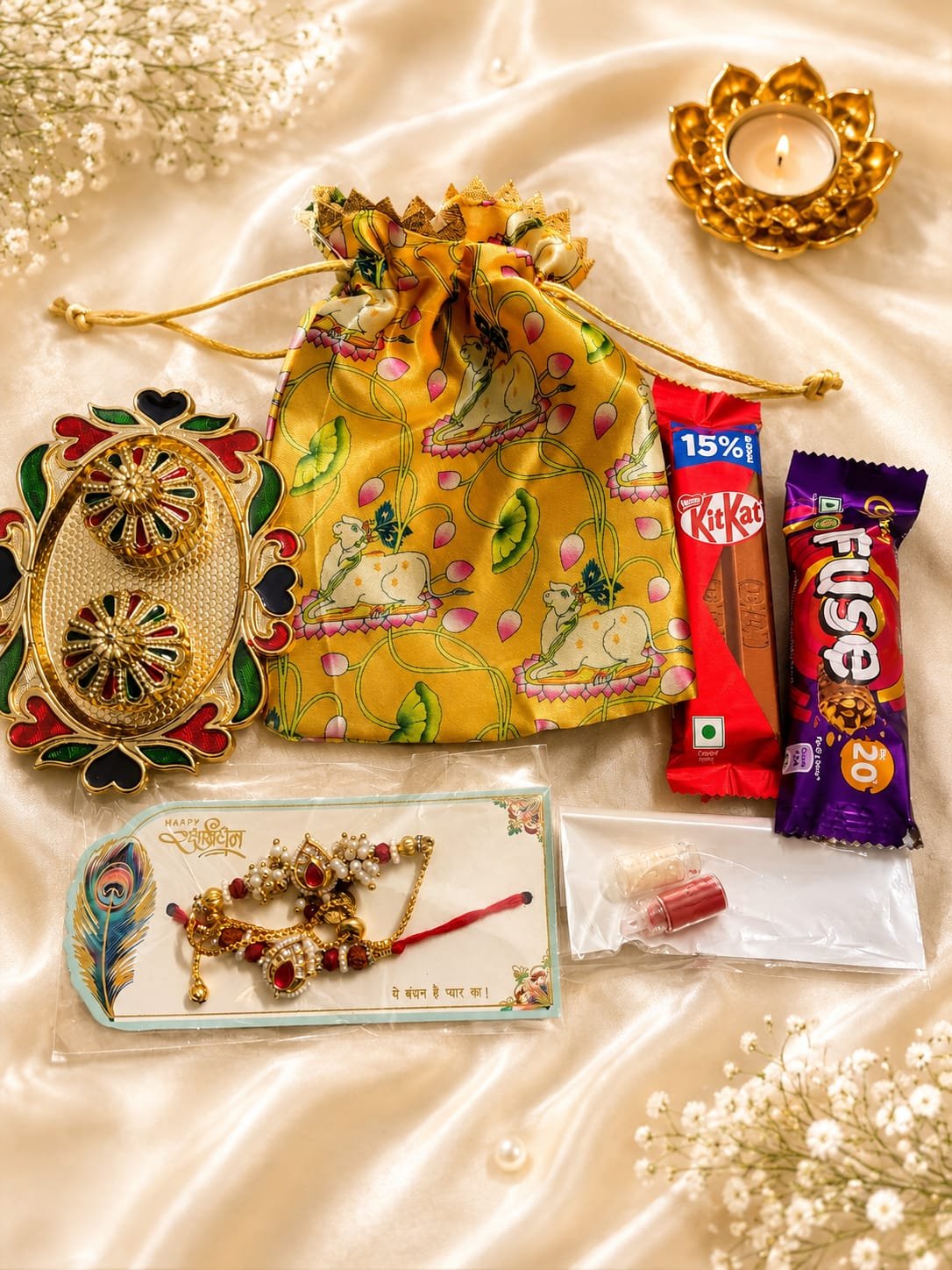 Elegant Bhaiya Bhabhi Rakhi Gift Hamper with Ornate Pooja Dish