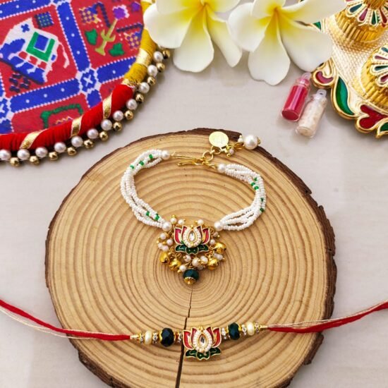 Royal Lotus Kundan Bhaiya Bhabhi Rakhi & Lumba Bracelet Combo Set (Pair)