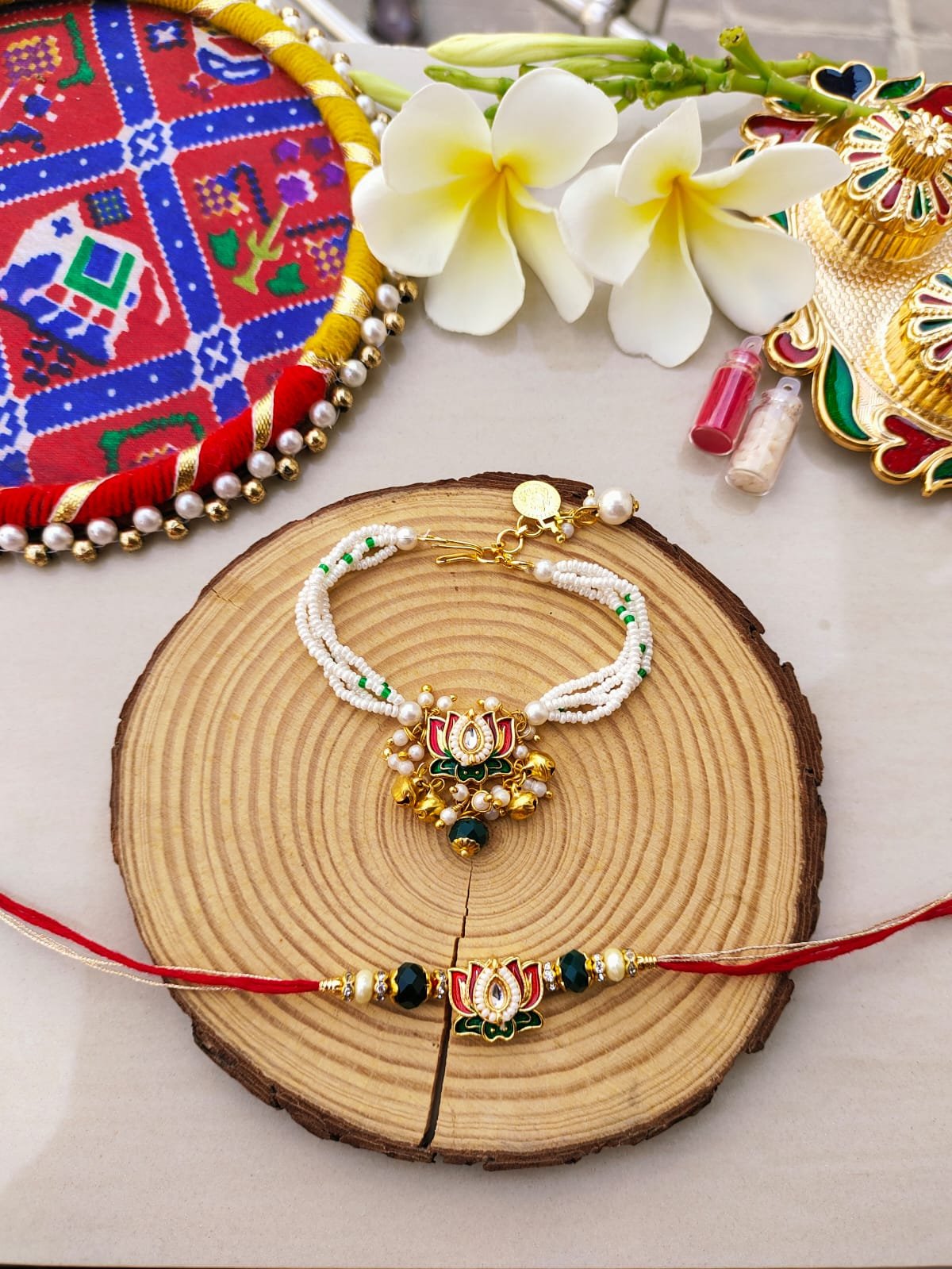 Royal Lotus Kundan Bhaiya Bhabhi Rakhi & Lumba Bracelet Combo Set (Pair)