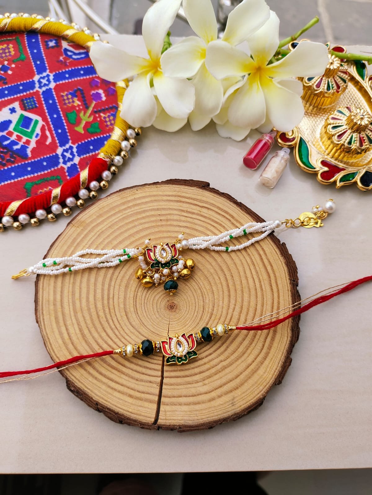 Royal Lotus Kundan Bhaiya Bhabhi Rakhi & Lumba Bracelet Combo Set (Pair) - Image 3
