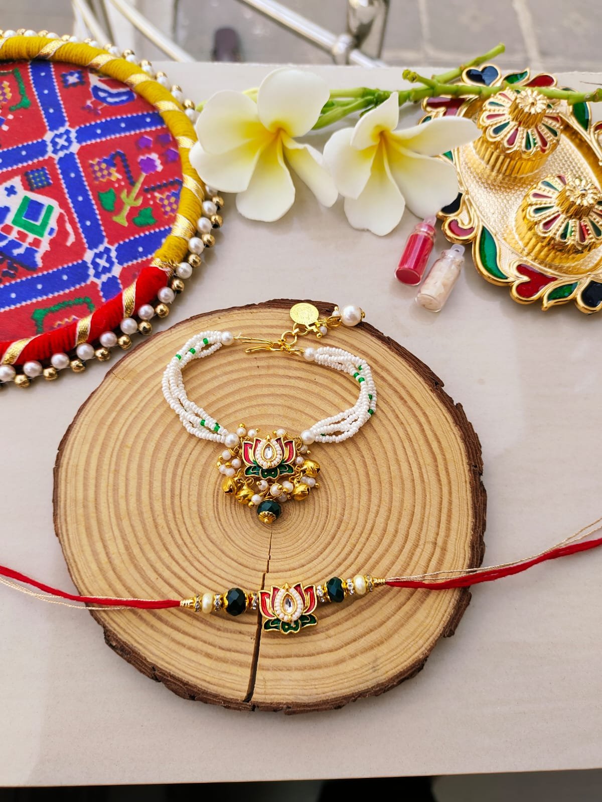 Royal Lotus Kundan Bhaiya Bhabhi Rakhi & Lumba Bracelet Combo Set (Pair) - Image 5