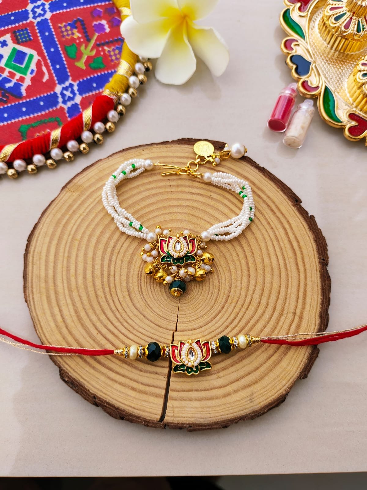 Royal Lotus Kundan Bhaiya Bhabhi Rakhi & Lumba Bracelet Combo Set (Pair) - Image 4