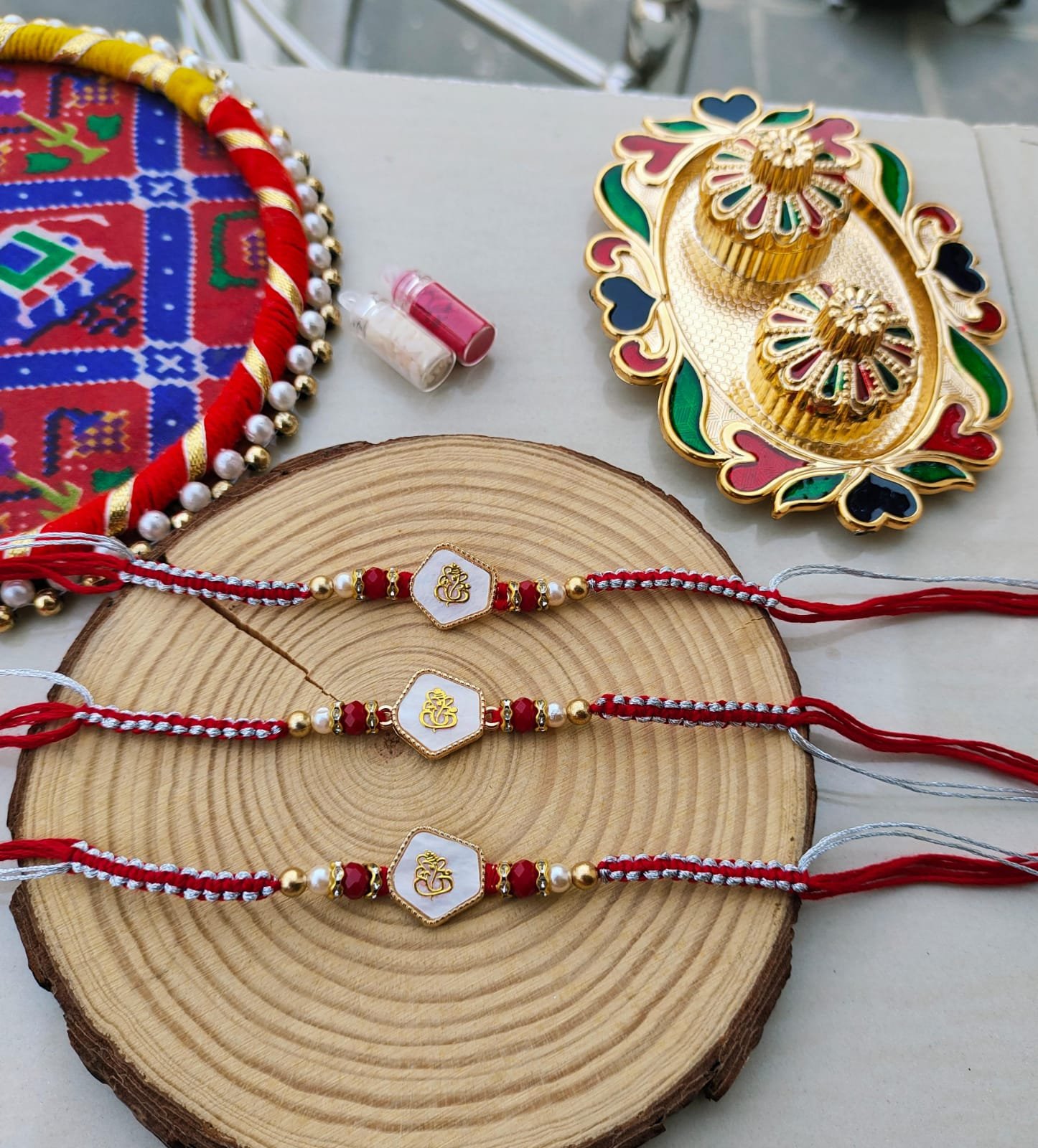 Divine White Enamel Rhombus Lord Ganesha Designer Rakhi Collection - Image 4