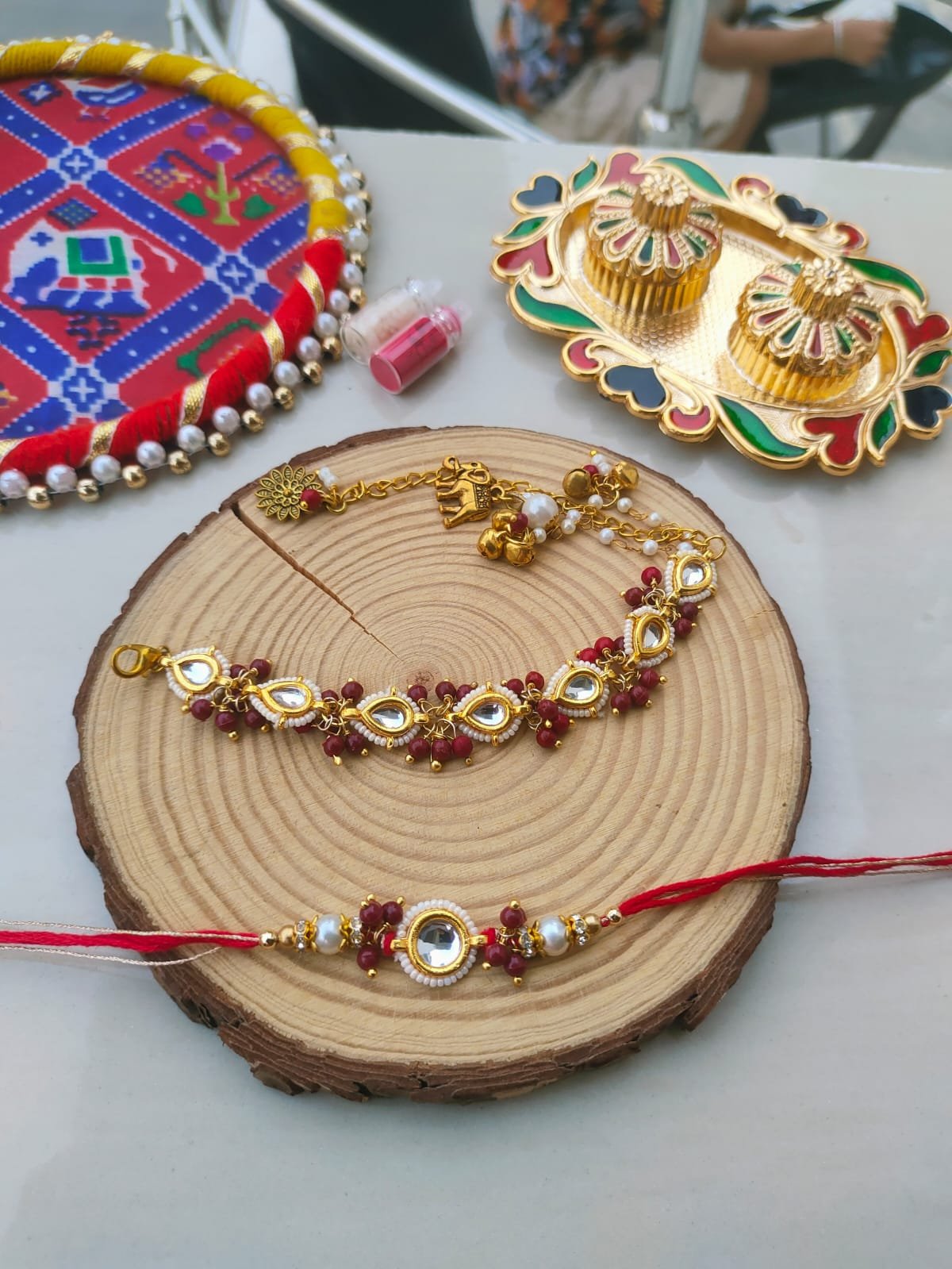 Royal Kundan Bhaiya Bhabhi Rakhi & Adjustable Lumba Bracelet Combo Set (Pair) - Image 2