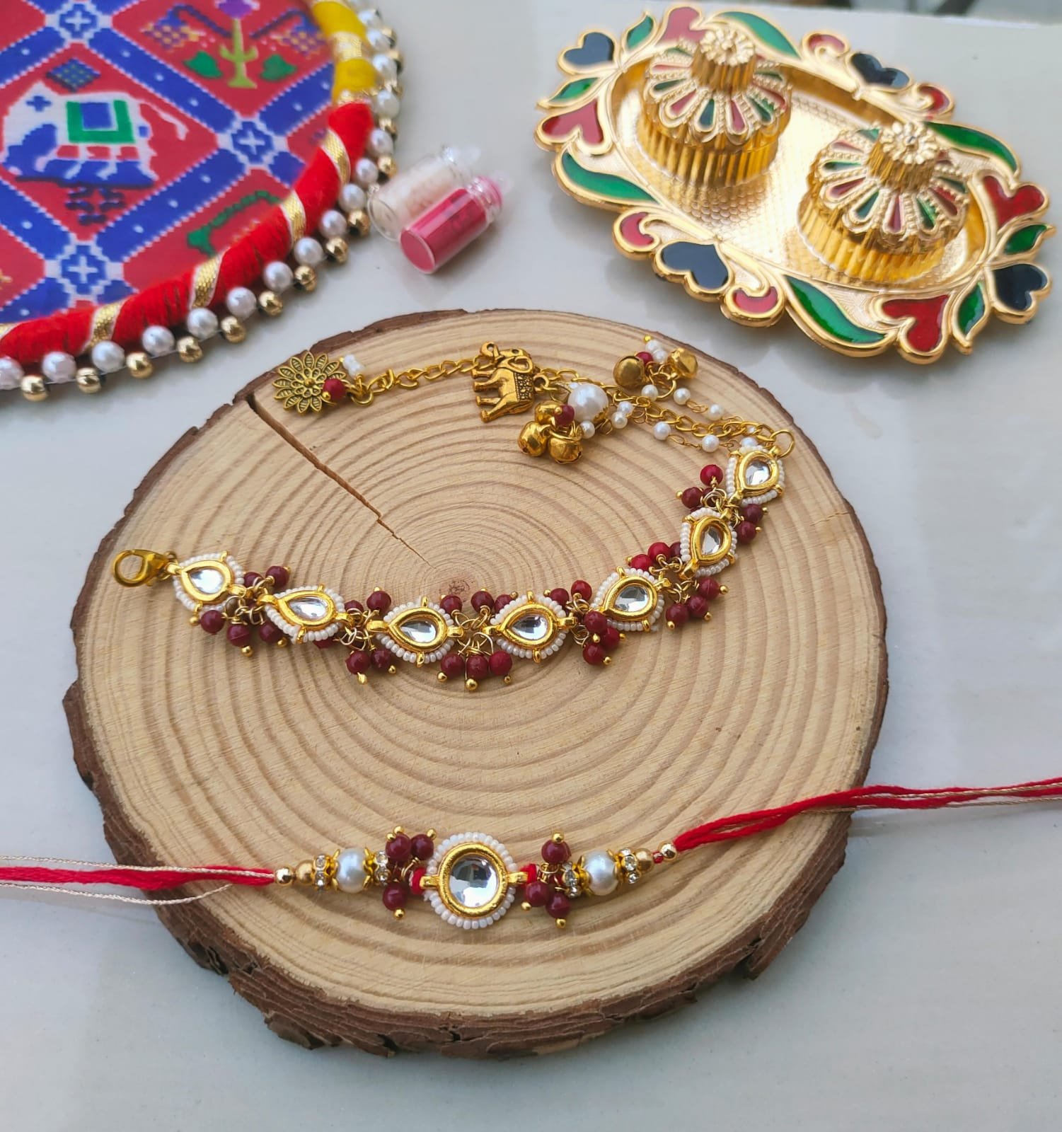 Royal Kundan Bhaiya Bhabhi Rakhi & Adjustable Lumba Bracelet Combo Set (Pair) - Image 4