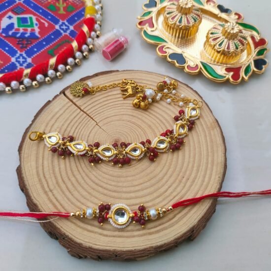 Royal Kundan Bhaiya Bhabhi Rakhi & Adjustable Lumba Bracelet Combo Set (Pair)