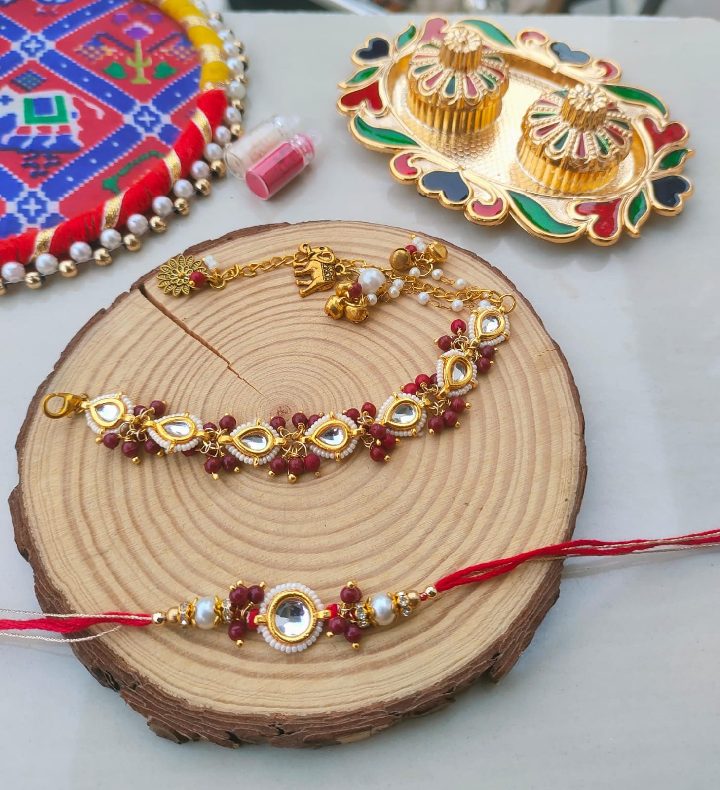 Royal Kundan Bhaiya Bhabhi Rakhi & Adjustable Lumba Bracelet Combo Set (Pair) - Image 6