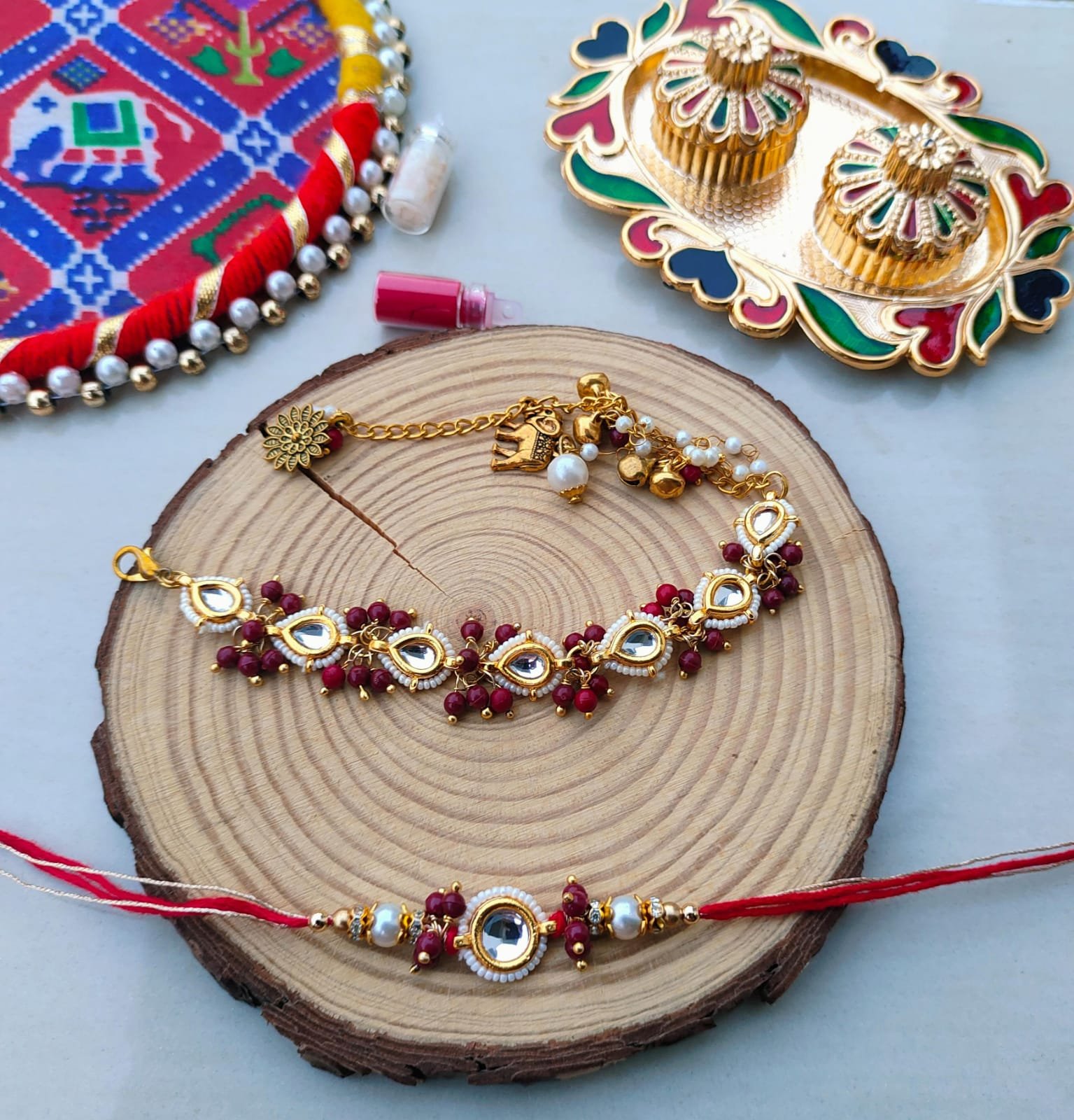 Royal Kundan Bhaiya Bhabhi Rakhi & Adjustable Lumba Bracelet Combo Set (Pair) - Image 5