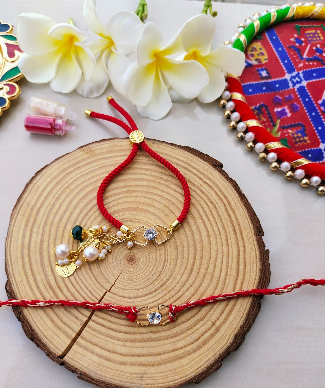 Premium Solitaire CZ Crystal Bhaiya Bhabhi Rakhi & Adjustable Lumba Bracelet Combo Set - Image 3