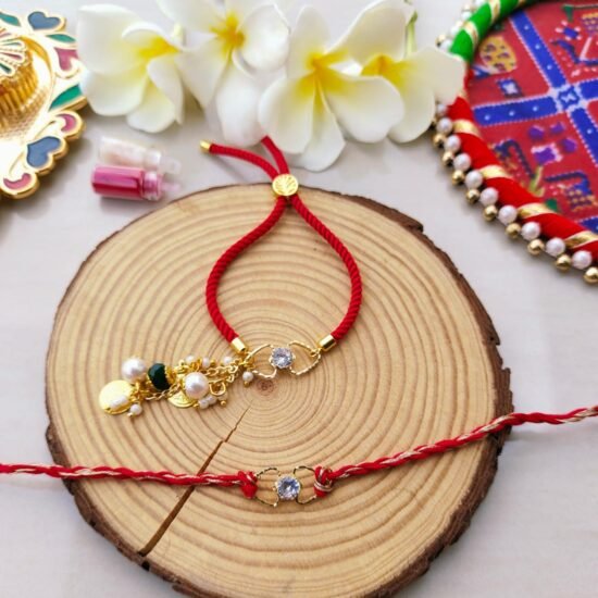 Premium Solitaire CZ Crystal Bhaiya Bhabhi Rakhi & Adjustable Lumba Bracelet Combo Set