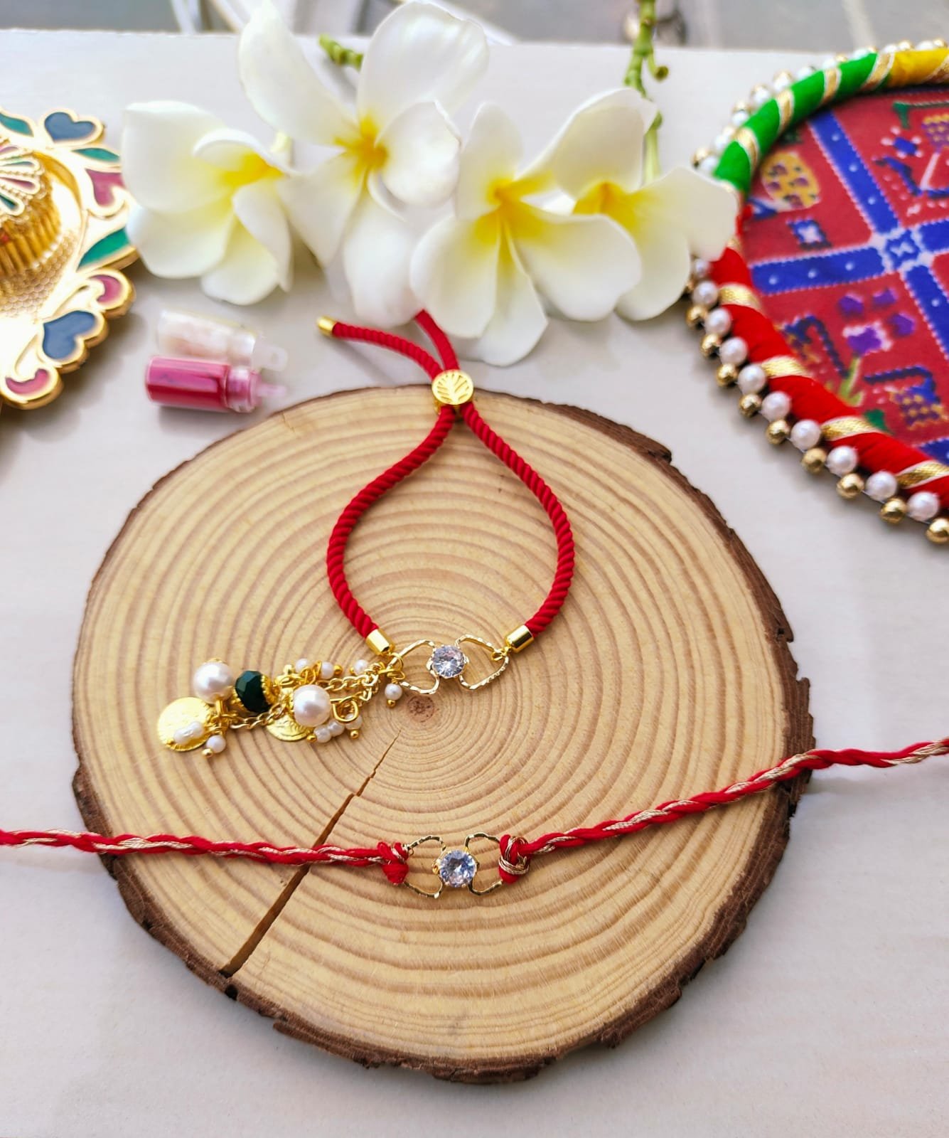 Premium Solitaire CZ Crystal Bhaiya Bhabhi Rakhi & Adjustable Lumba Bracelet Combo Set
