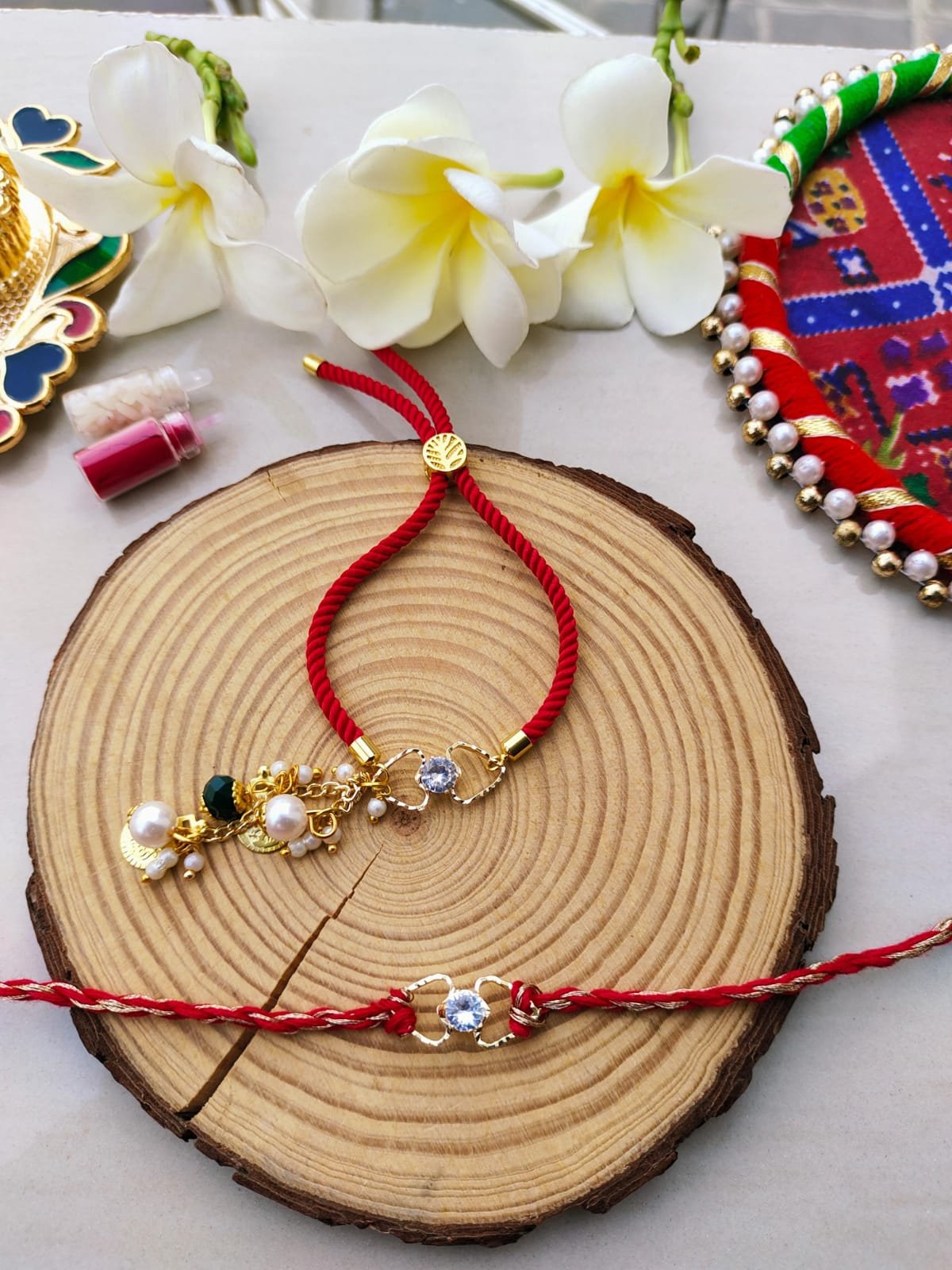 Premium Solitaire CZ Crystal Bhaiya Bhabhi Rakhi & Adjustable Lumba Bracelet Combo Set - Image 5