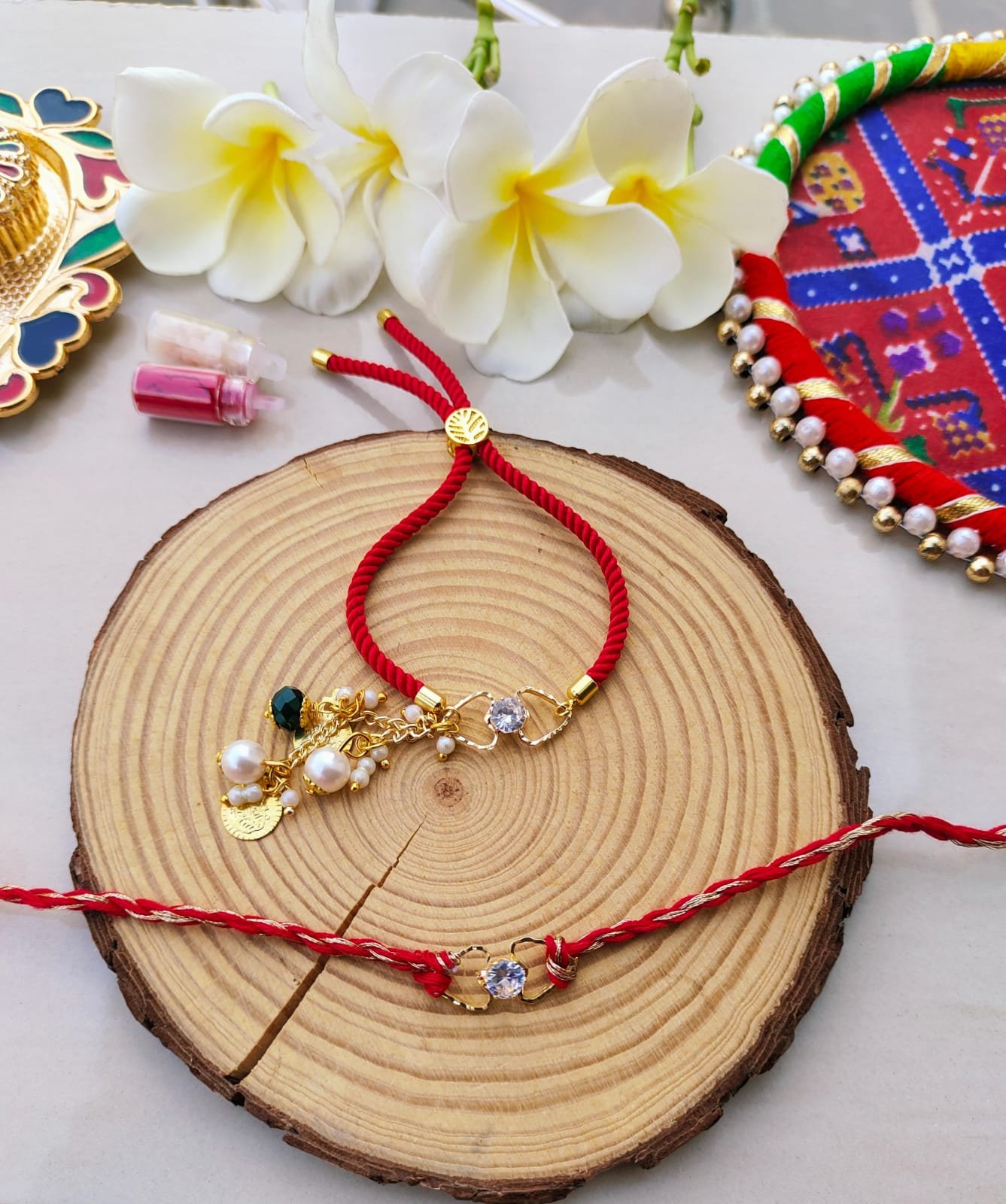 Premium Solitaire CZ Crystal Bhaiya Bhabhi Rakhi & Adjustable Lumba Bracelet Combo Set - Image 2