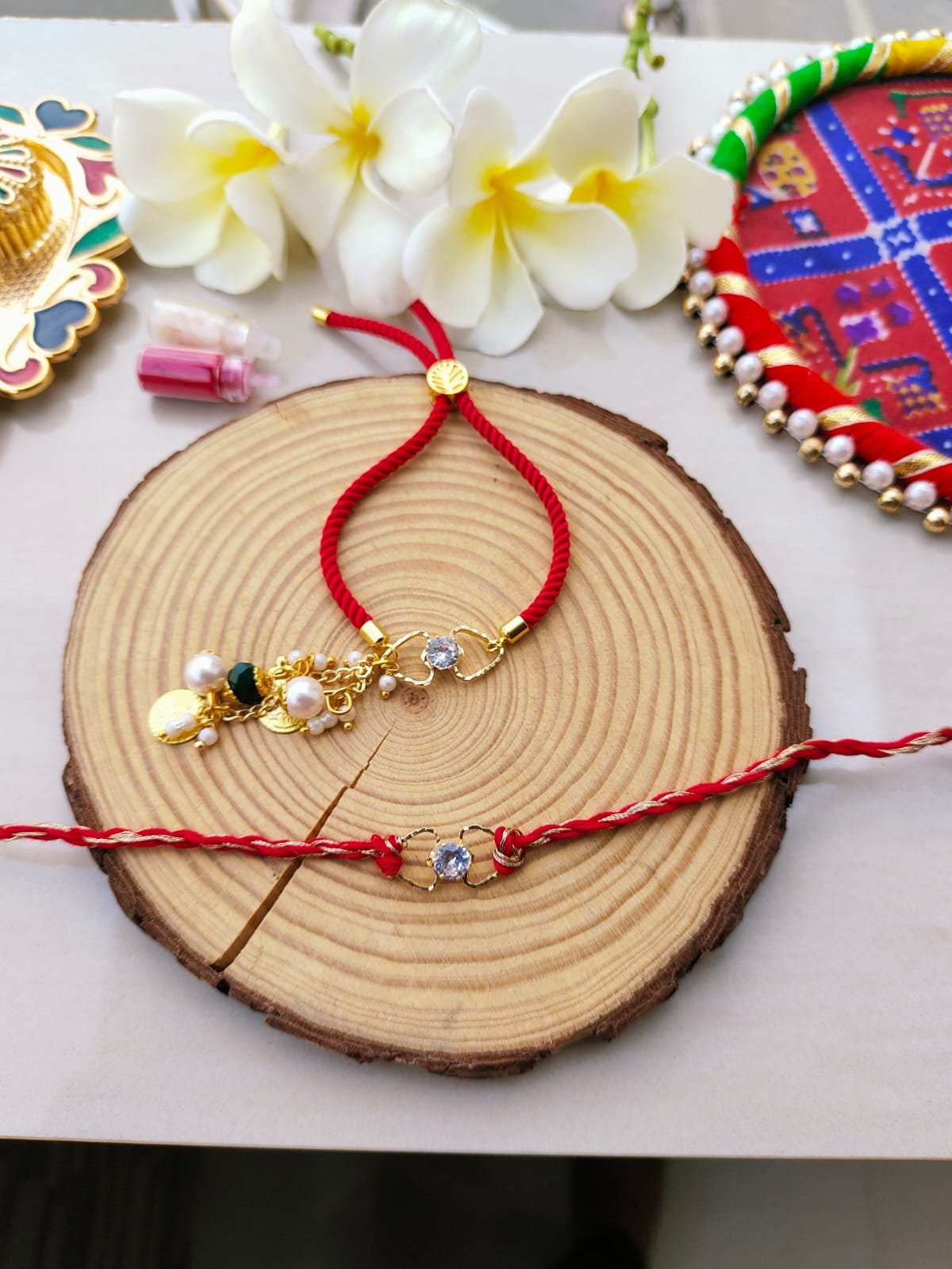 Premium Solitaire CZ Crystal Bhaiya Bhabhi Rakhi & Adjustable Lumba Bracelet Combo Set - Image 4