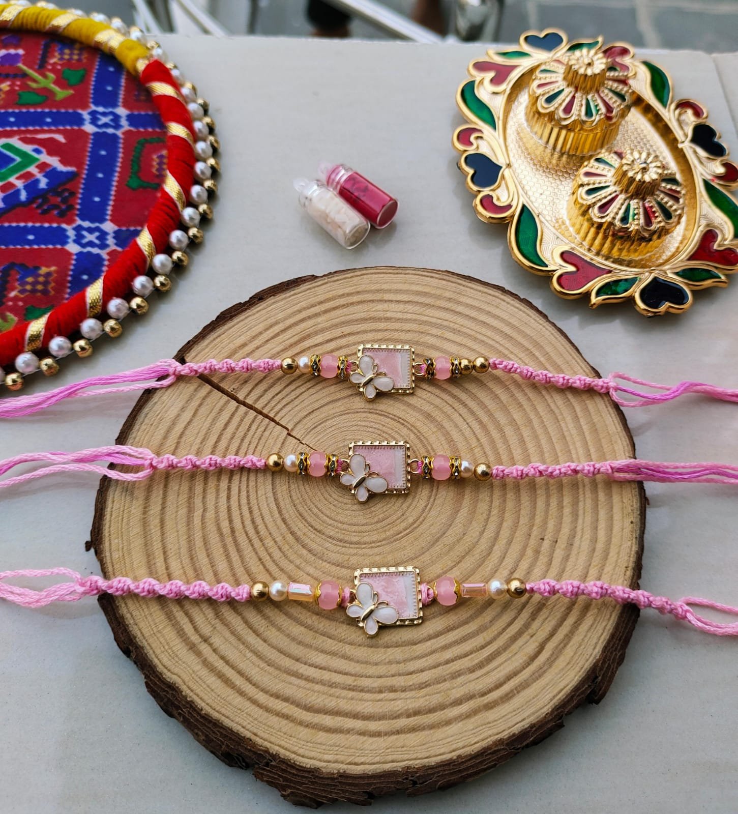 Elegant Pastel Pink Butterfly Enamel Designer Rakhi Collection - Image 3