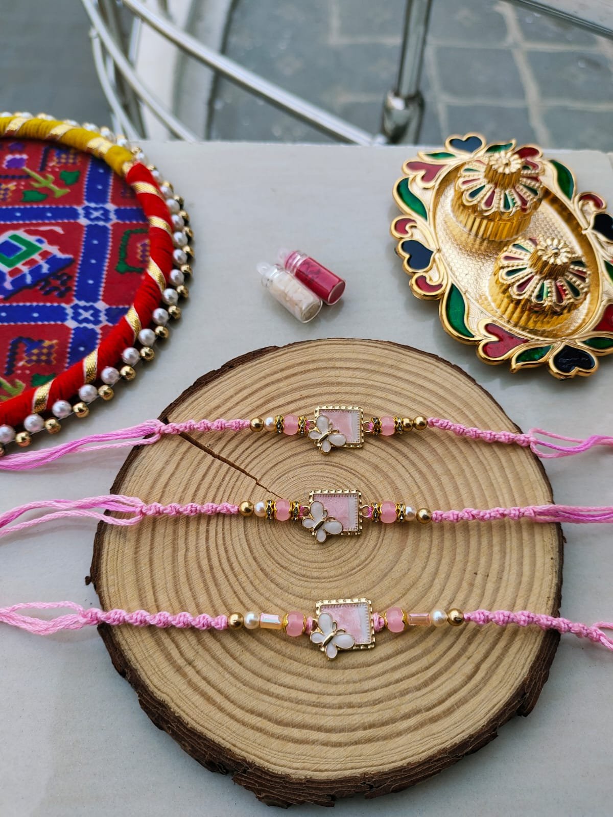 Elegant Pastel Pink Butterfly Enamel Designer Rakhi Collection - Image 4
