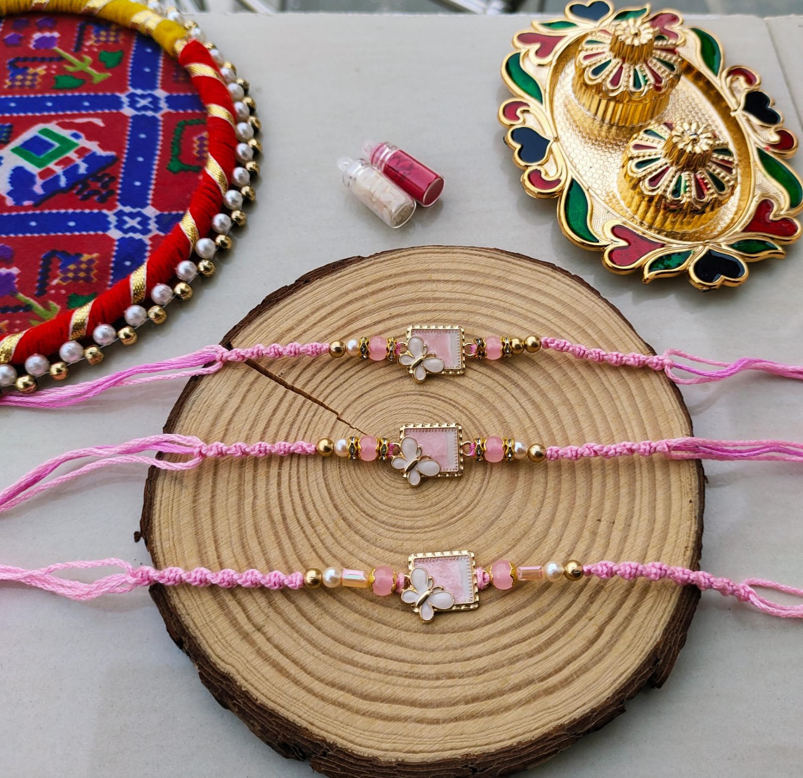 Elegant Pastel Pink Butterfly Enamel Designer Rakhi Collection - Image 2