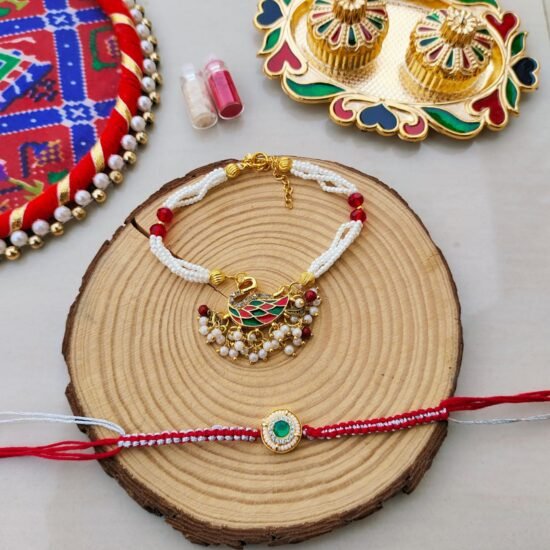 Royal Meenakari Peacock Bhaiya Bhabhi Rakhi & Lumba Bracelet Combo Set (Pair)