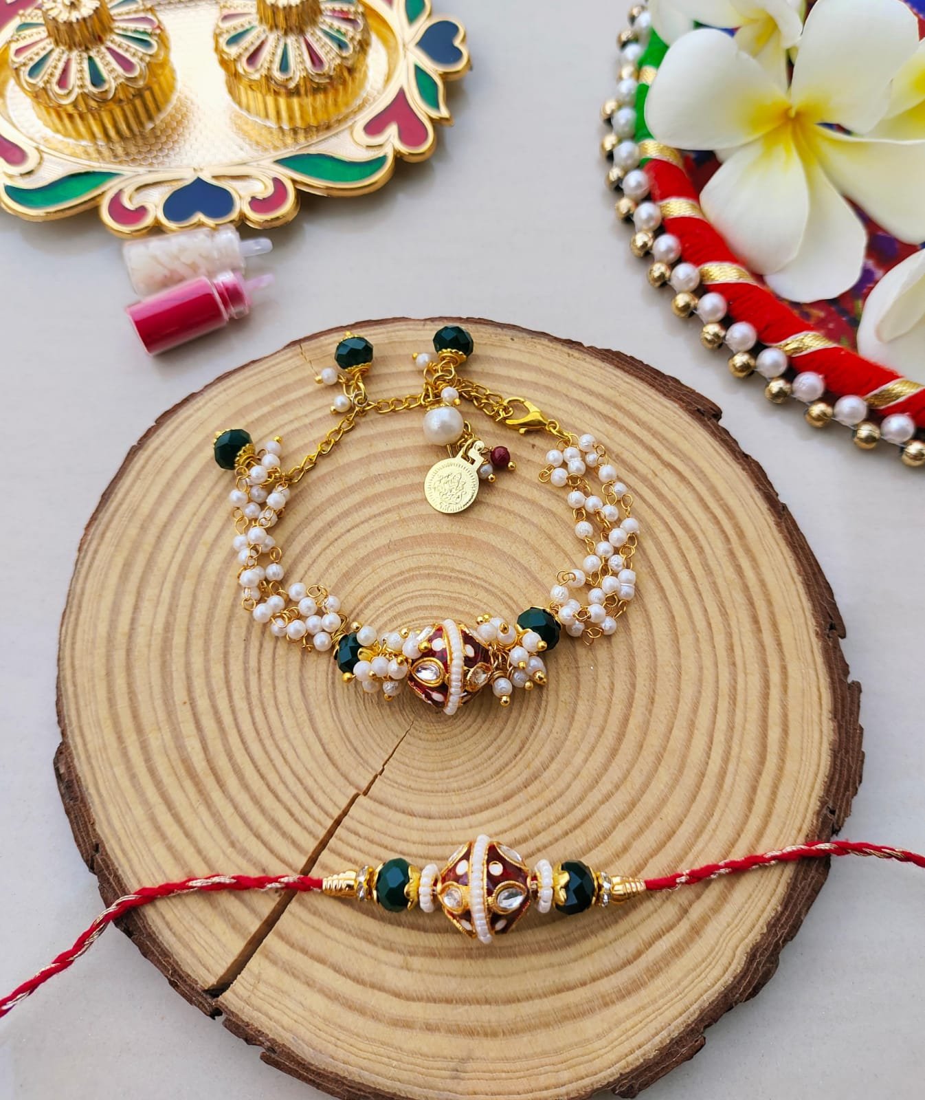 Premium Meenakari Dumroo Bhaiya Bhabhi Rakhi & Lumba Bracelet Combo Set - Image 2