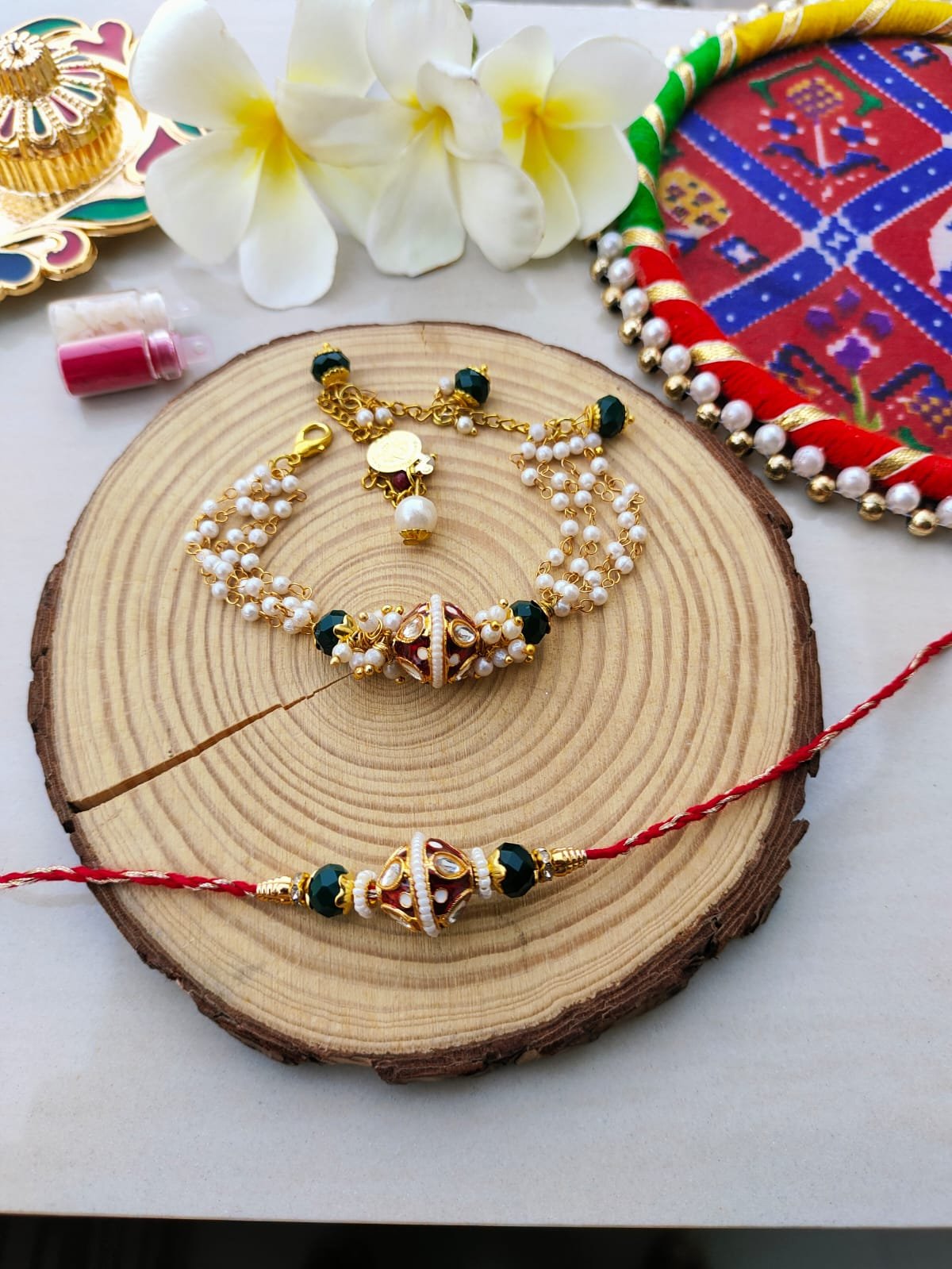 Premium Meenakari Dumroo Bhaiya Bhabhi Rakhi & Lumba Bracelet Combo Set - Image 3
