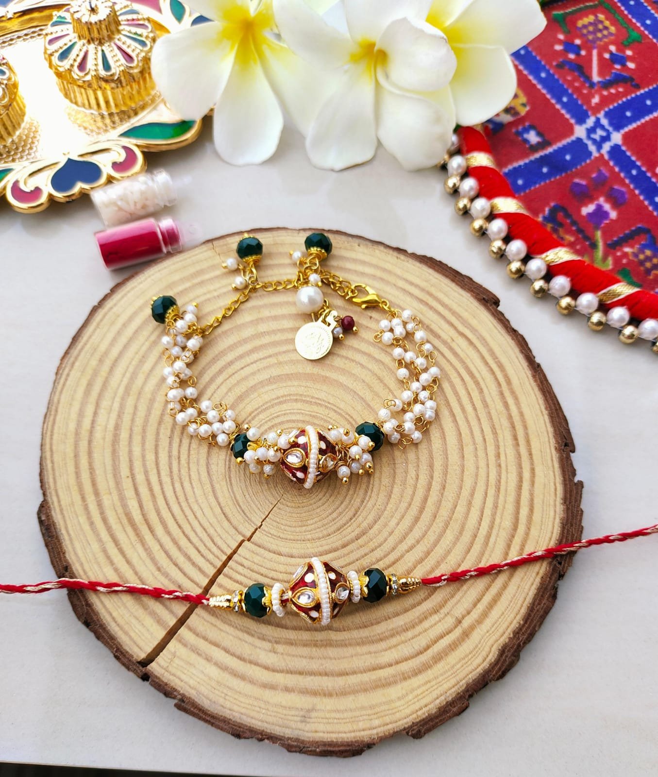 Premium Meenakari Dumroo Bhaiya Bhabhi Rakhi & Lumba Bracelet Combo Set - Image 4