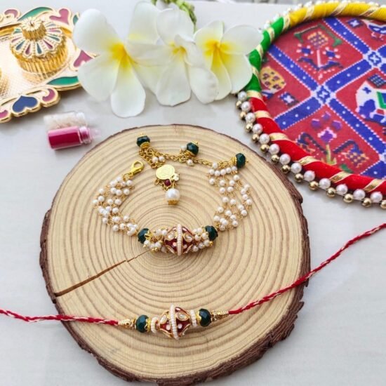 Premium Meenakari Dumroo Bhaiya Bhabhi Rakhi & Lumba Bracelet Combo Set