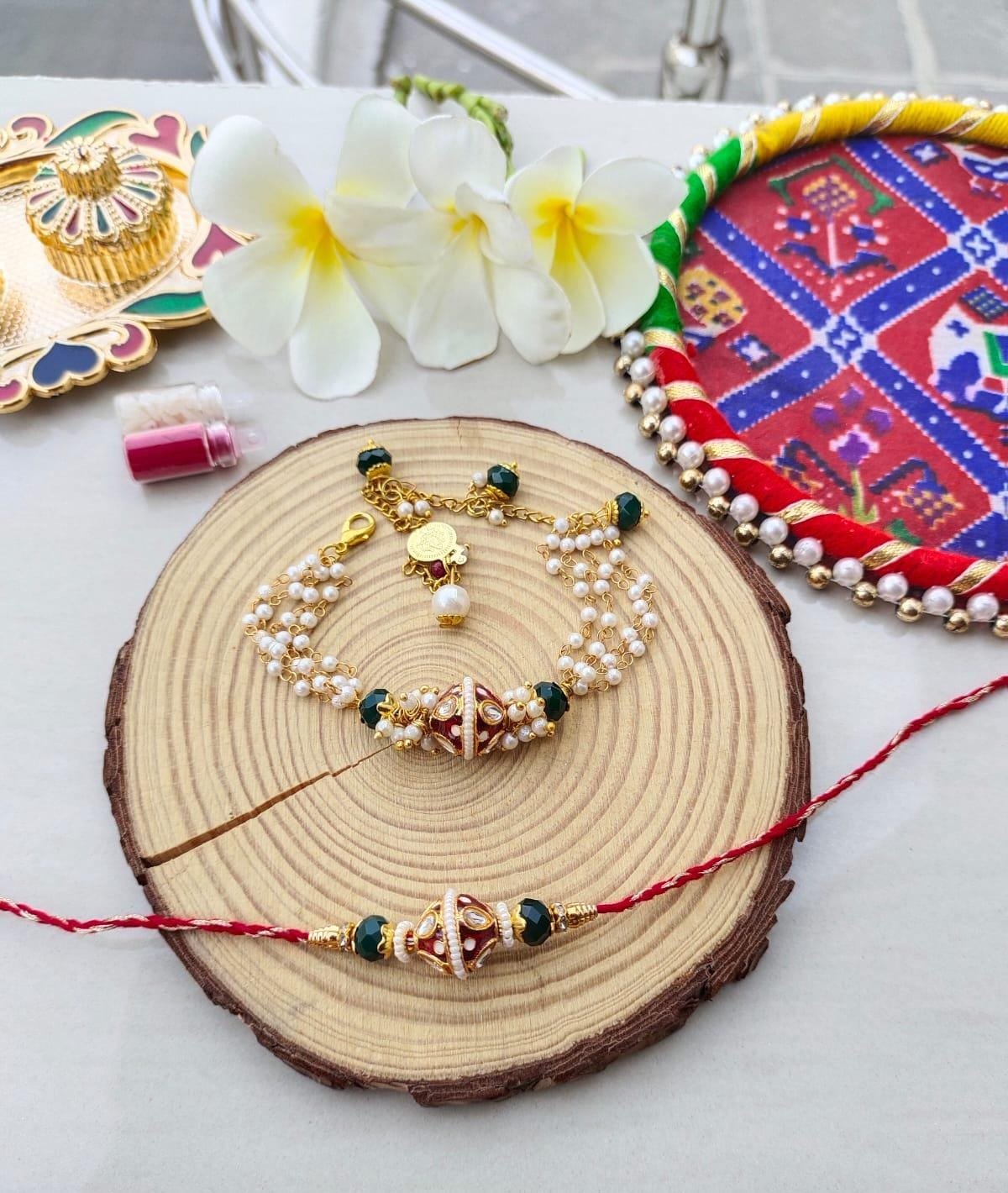 Premium Meenakari Dumroo Bhaiya Bhabhi Rakhi & Lumba Bracelet Combo Set