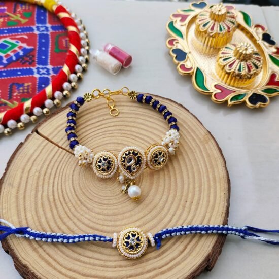 Royal Blue Meenakari Kundan Bhaiya Bhabhi Rakhi & Lumba Bracelet Combo Set